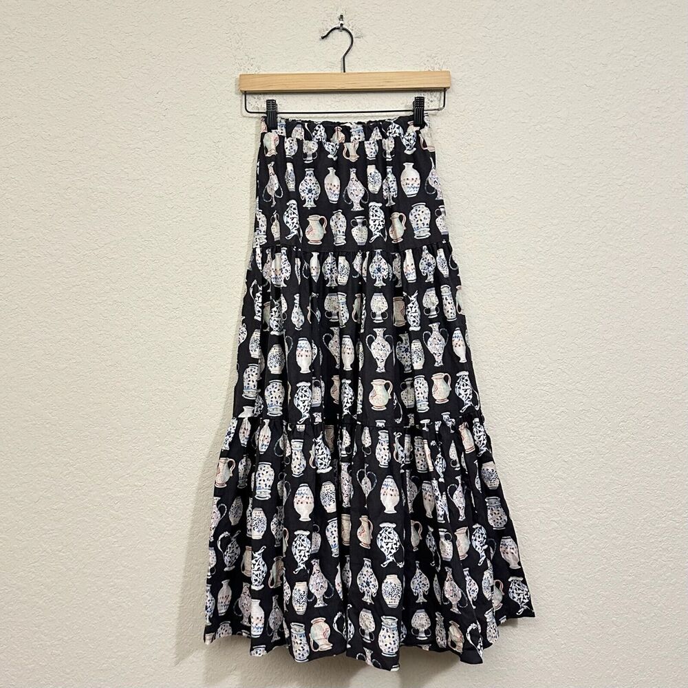 ARITZIA WILFRED Maxi Skirt Black Vase Print A-Line Tiered Linen